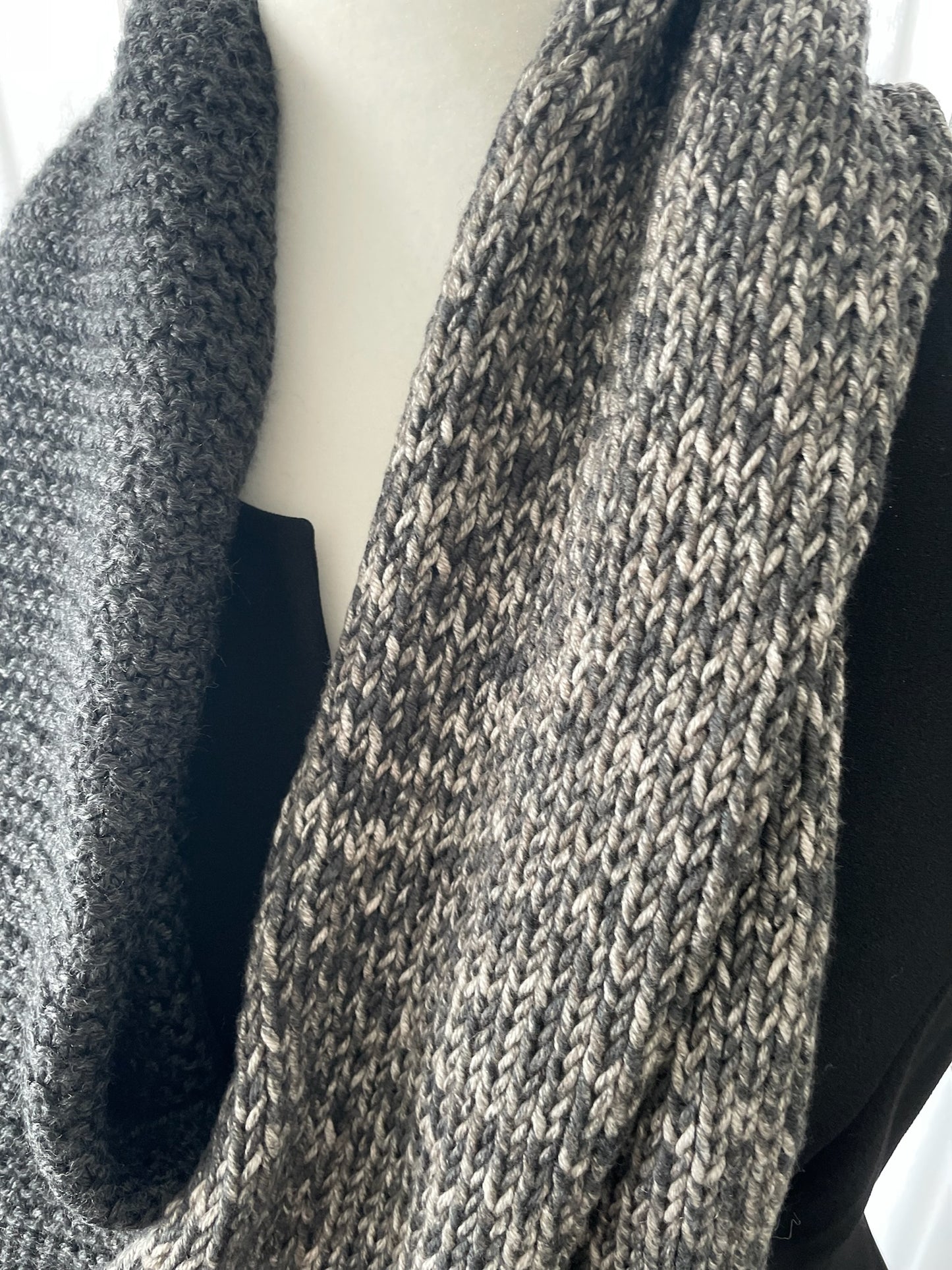 Hand-Knitted Grey & Black Infinity Scarf