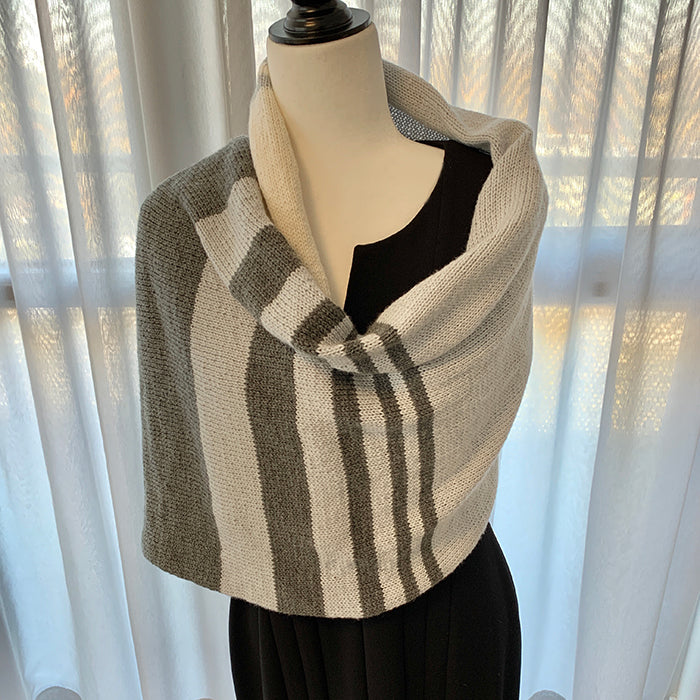Hand-Knitted Grey, Blue and White Wrap